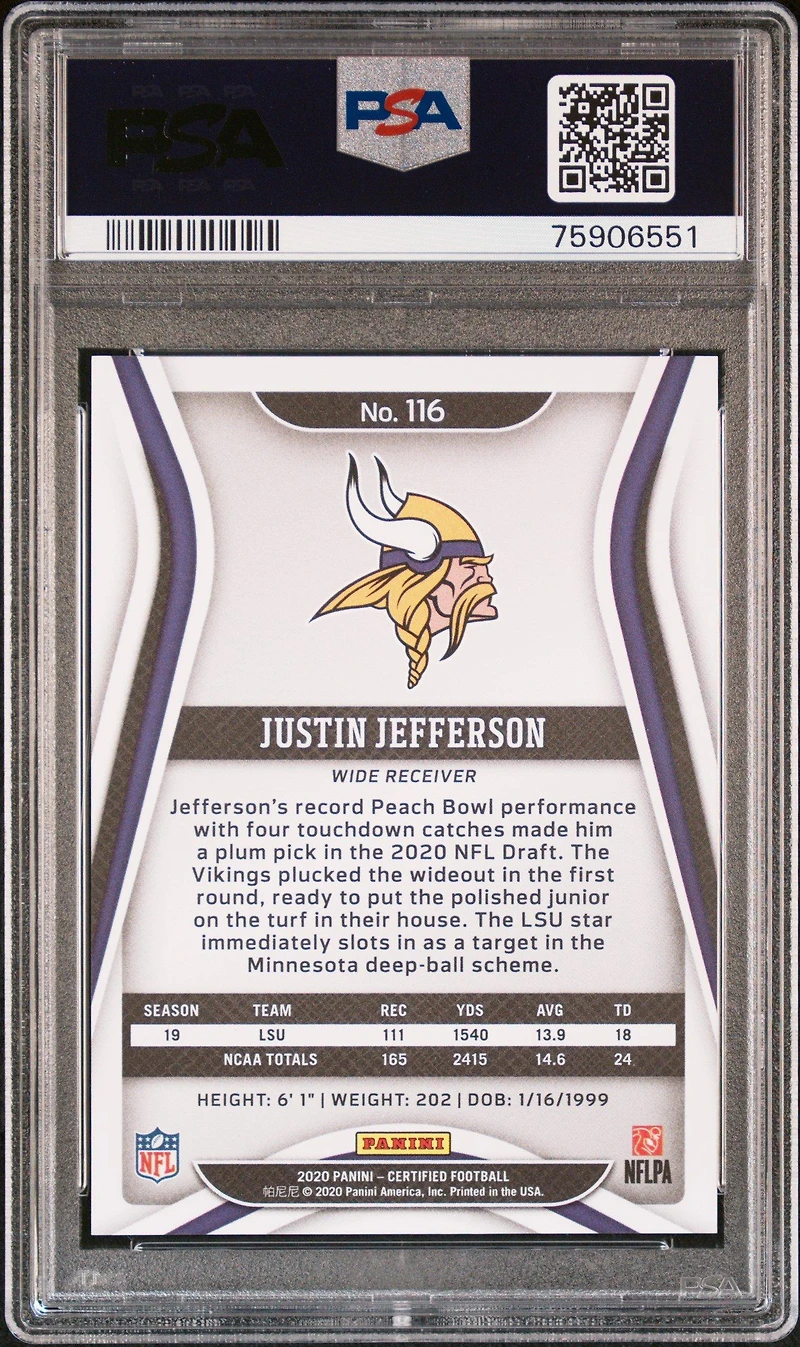 2020 Panini Certified 116 Justin Jefferson Mirror Orange PSA 10