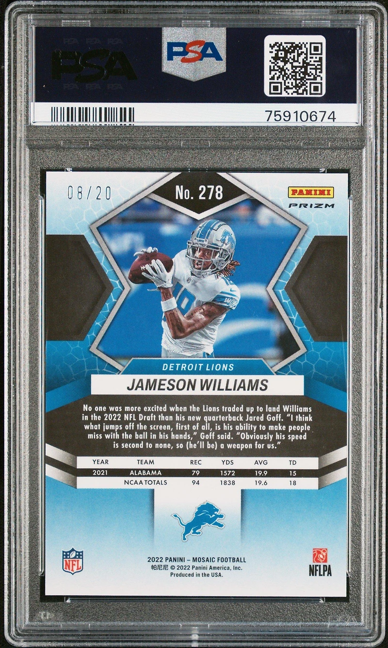 2022 Panini Mosaic 278 Jameson Williams No Huddle Pink PSA 10