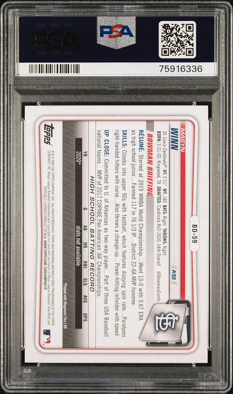 2020 Bowman Draft Bd59 Masyn Winn PSA 10