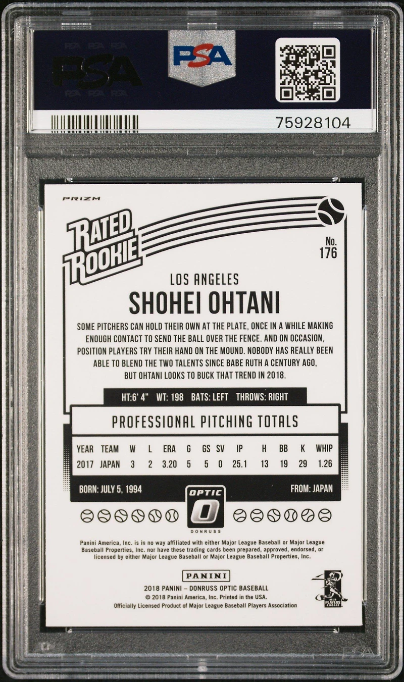 2018 Panini Donruss Optic 176 Shohei Ohtani Pink PSA 9
