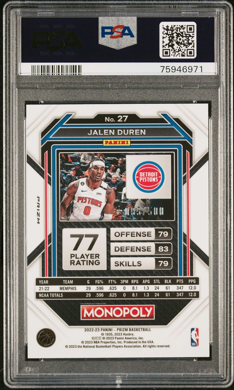 2022 Panini Prizm Monopoly 27 Jalen Duren Gold Money Shimmer PSA 10