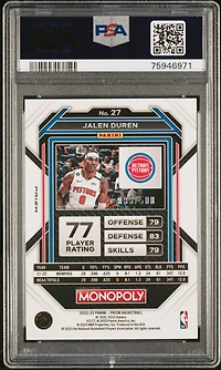 2022 Panini Prizm Monopoly 27 Jalen Duren Gold Money Shimmer PSA 10