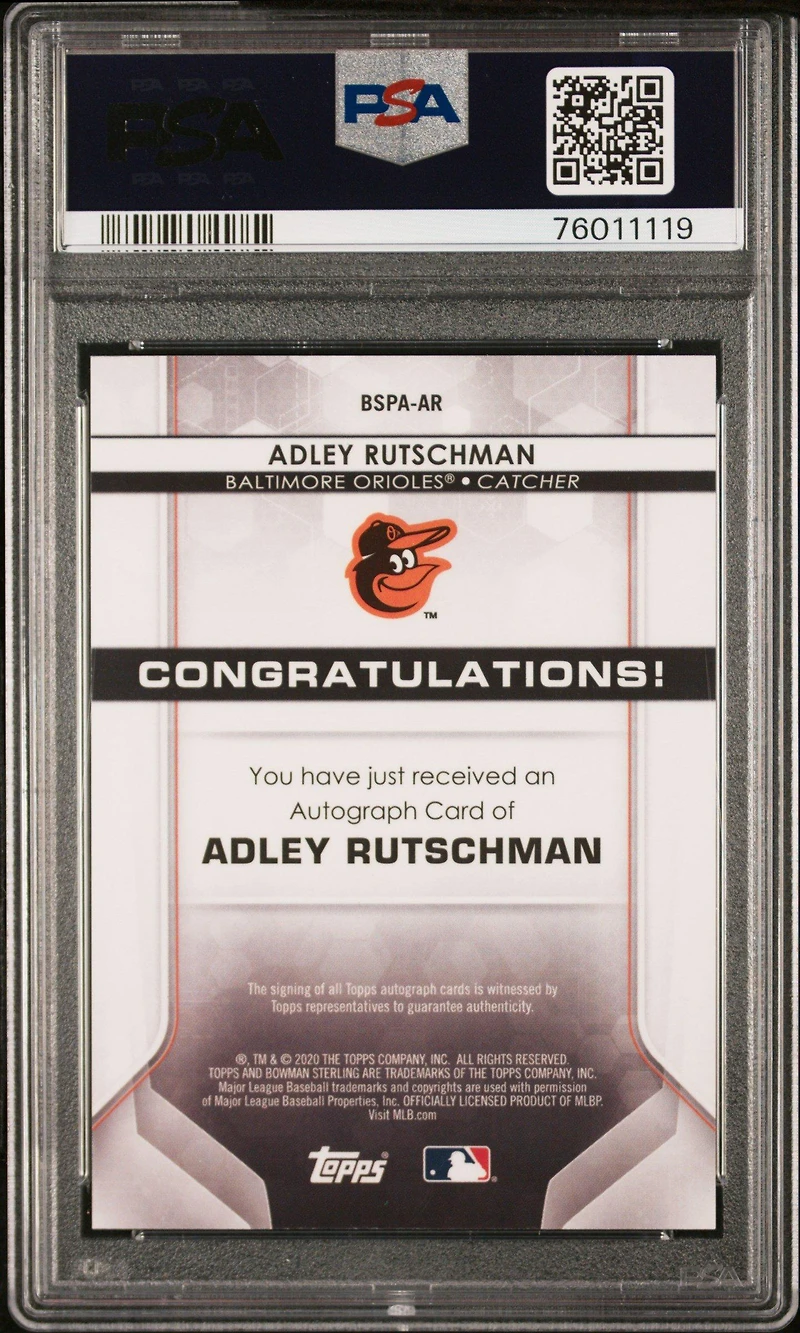 2020 Bowman Sterling Prospect Autographs Ar Adley Rutschman PSA 9