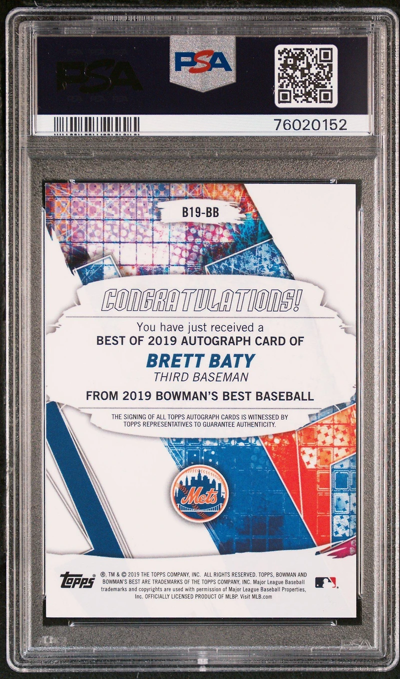 2019 Bowman's Best Best Of 2019 Autographs B19bb Brett Baty Gold Refractor PSA 9