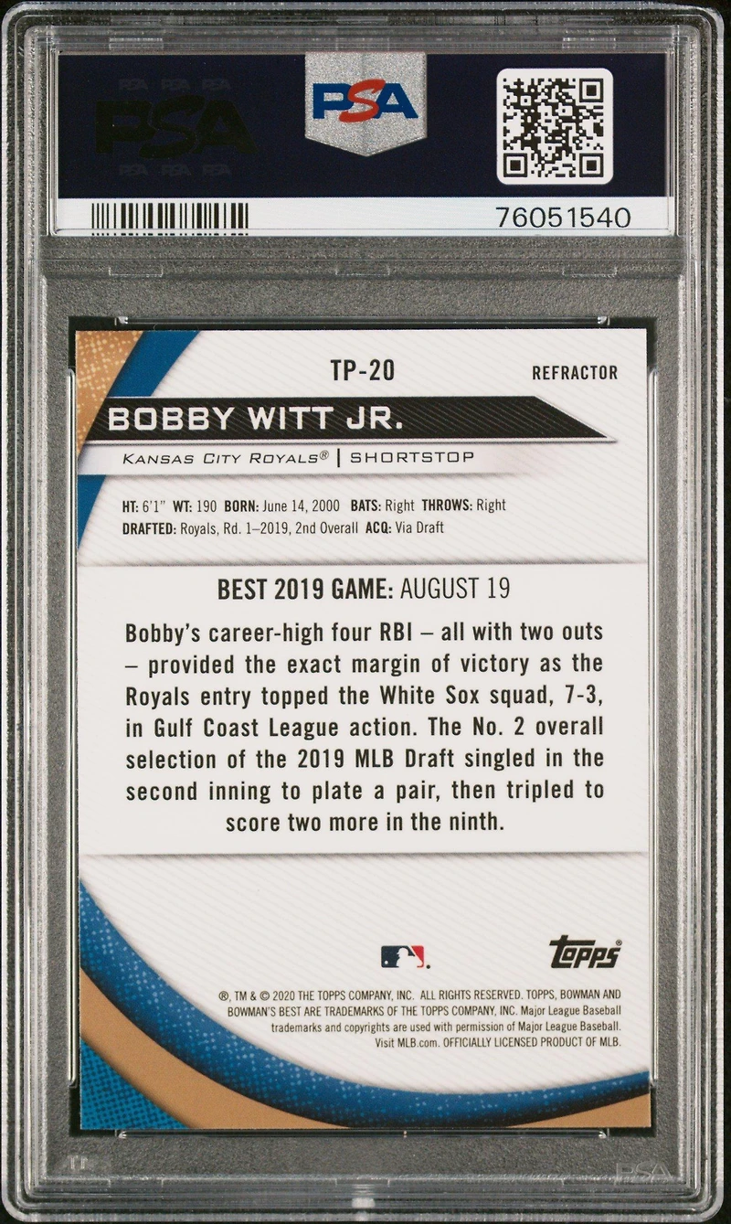 2020 Bowman's Best Top Prospects Tp20 Bobby Witt Jr. Refractor PSA 10