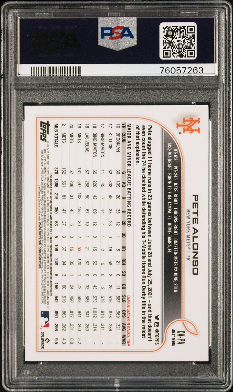 2022 Topps Chrome Logofractor Edition Chrome Autographs Capa Pete Alonso PSA 10