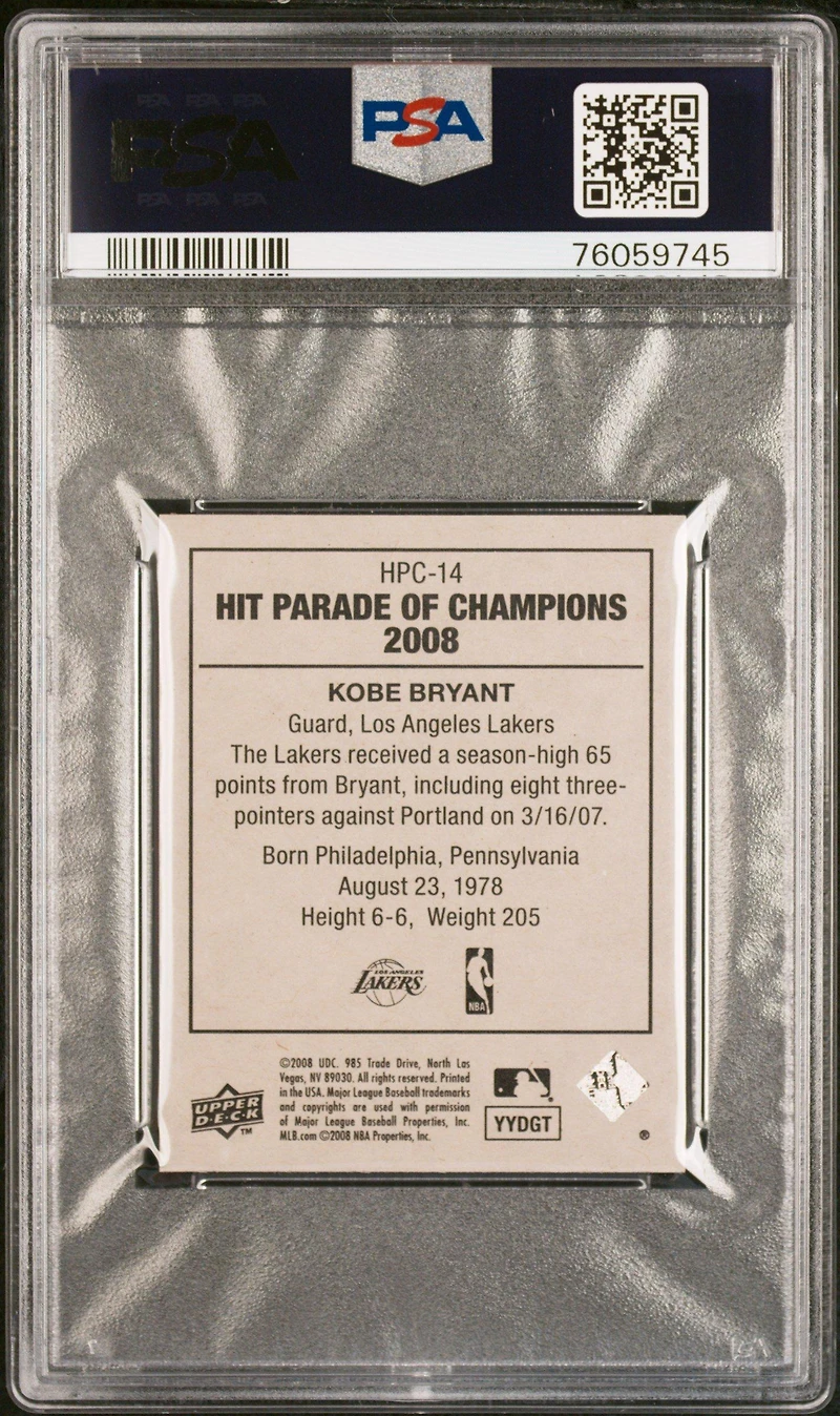 2008 Upper Deck Goudey Hit Parade Of Champions Hpc14 Kobe Bryant PSA 9