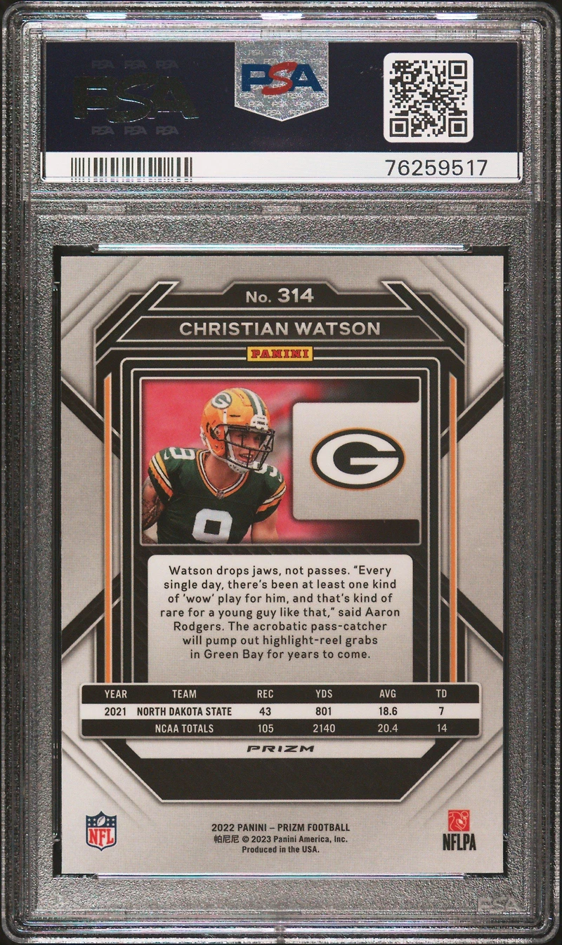 2022 Panini Prizm 314 Christian Watson Orange Ice PSA 10