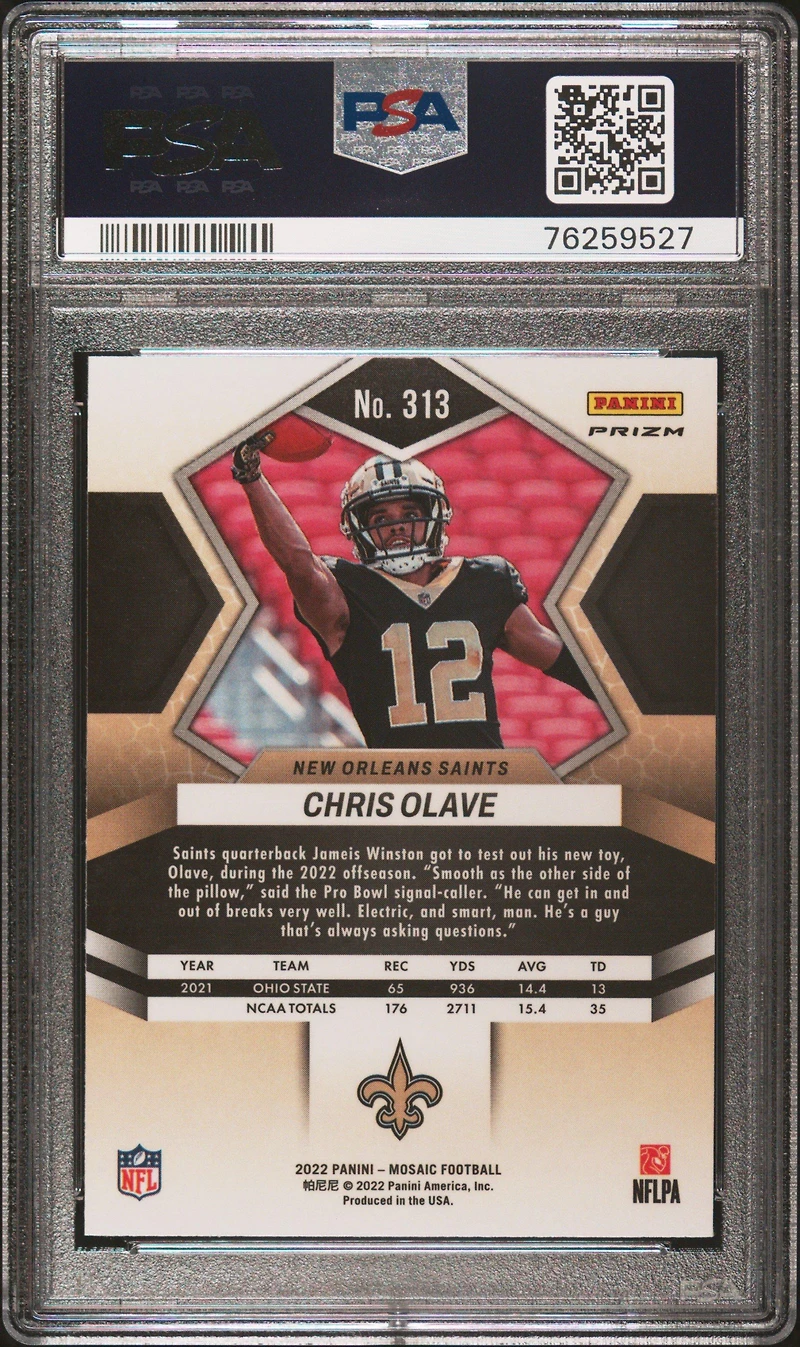 2022 Panini Mosaic 313 Chris Olave Blue Sparkle PSA 10
