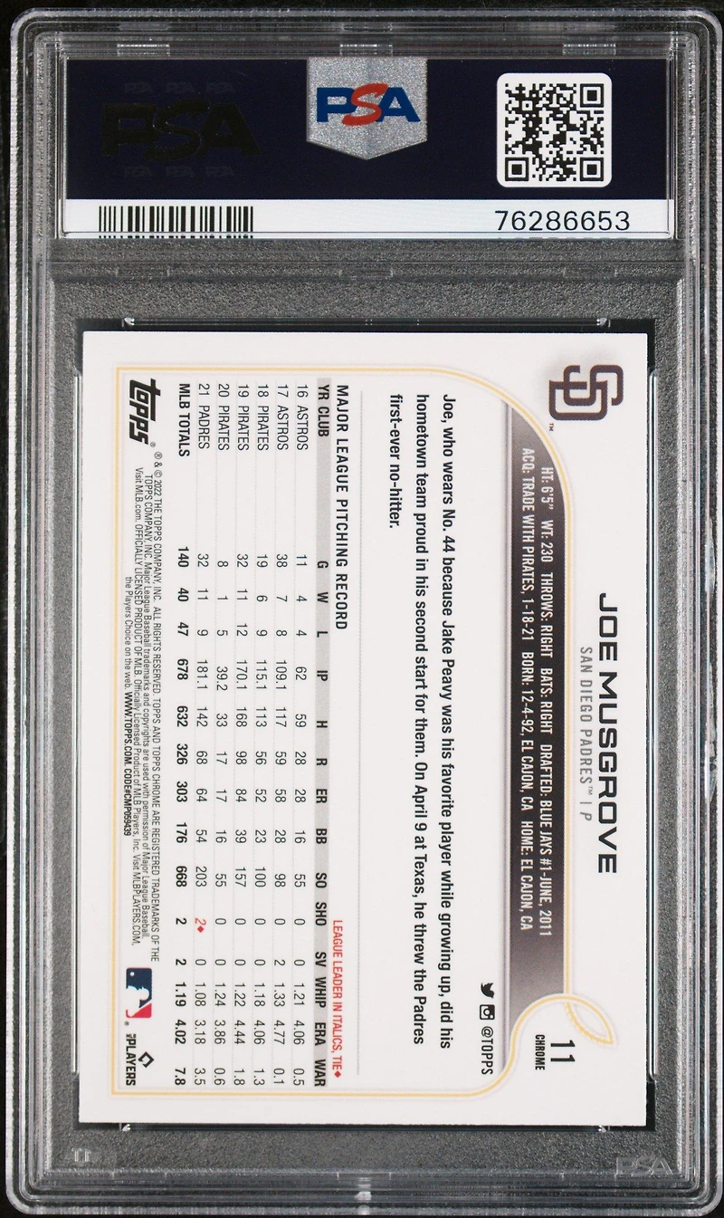 2022 Topps Chrome Sonic 11 Joe Musgrove Black & White Raywave Refractor PSA 10