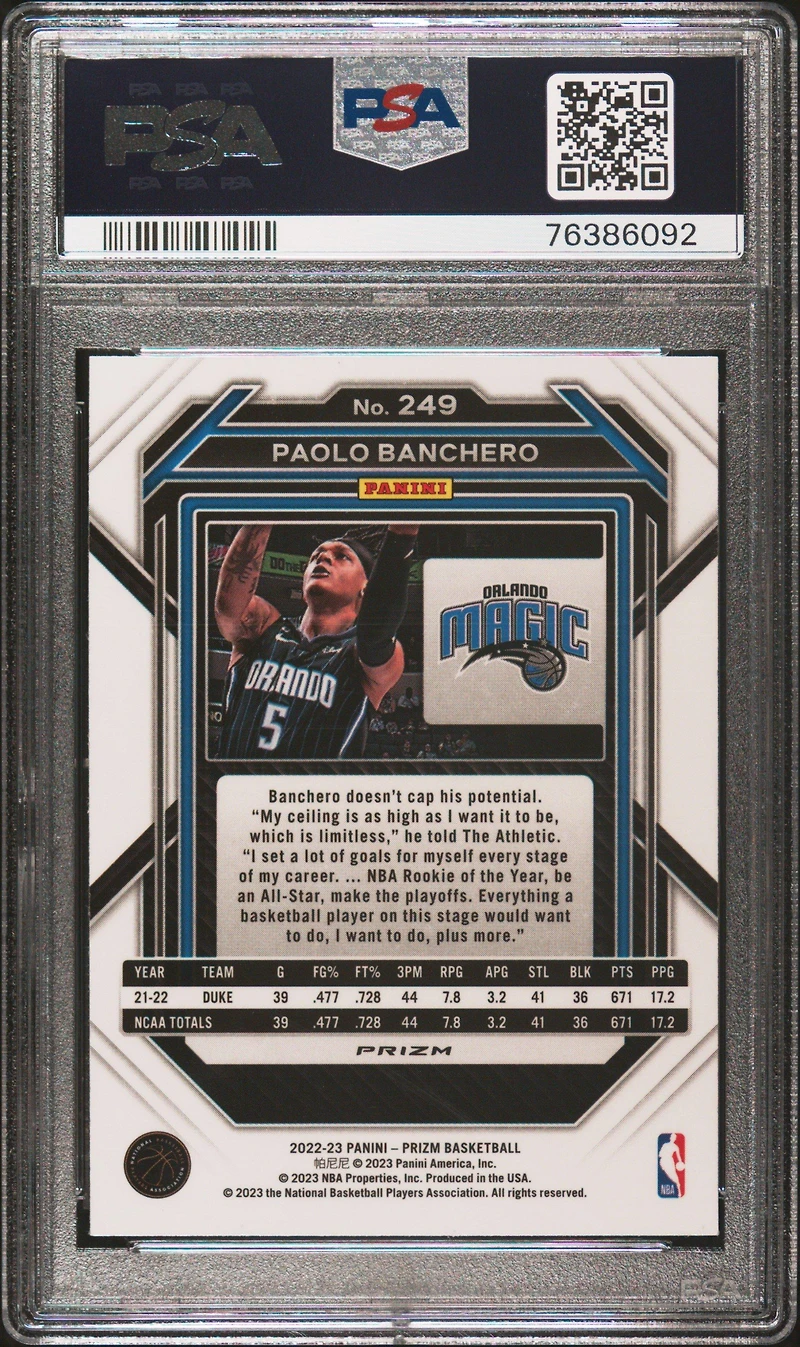 2022 Panini Prizm 249 Paolo Banchero Silver Prizm PSA