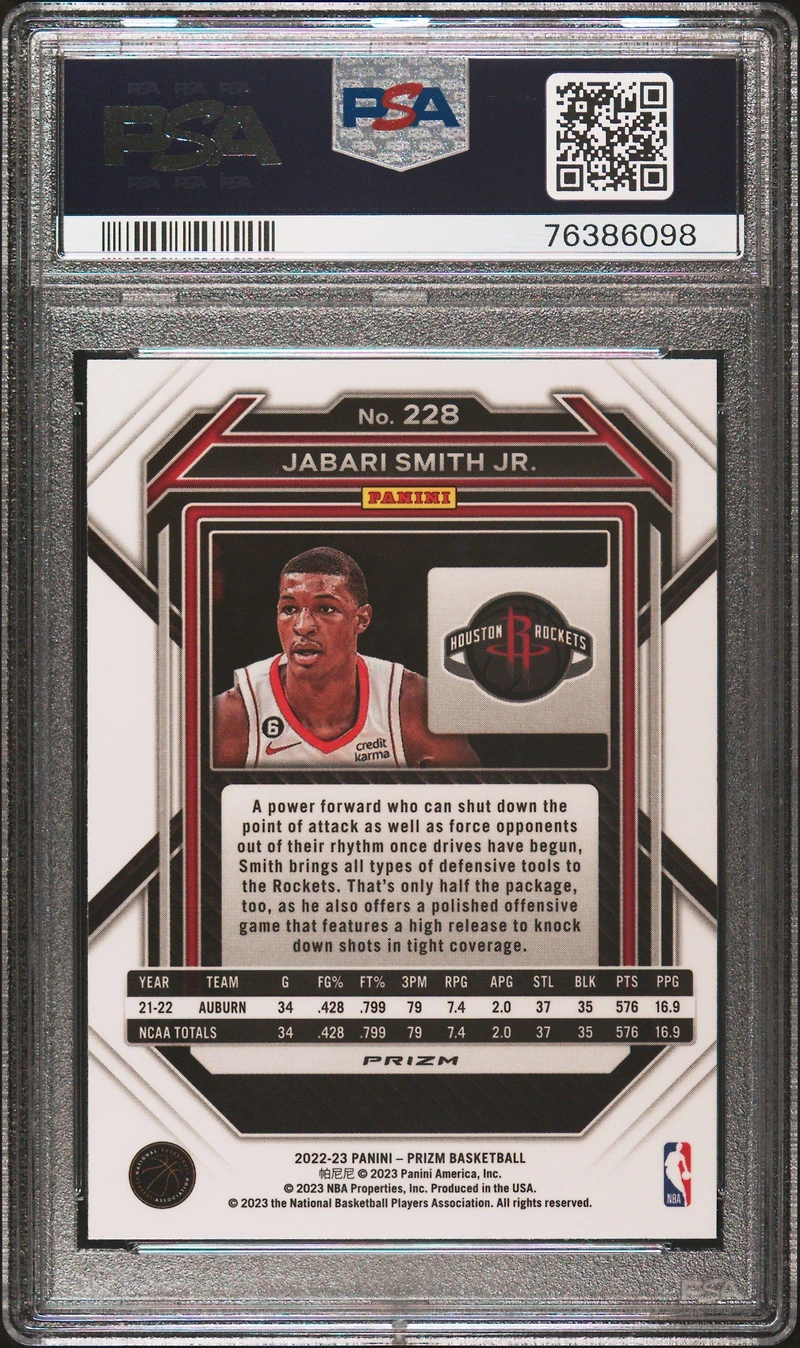 2022 Panini Prizm 228 Jabari Smith Jr. Silver Prizm PSA 10