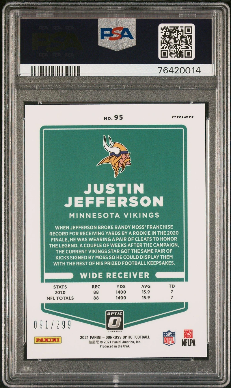 2021 Panini Donruss Optic 95 Justin Jefferson Aqua PSA 10