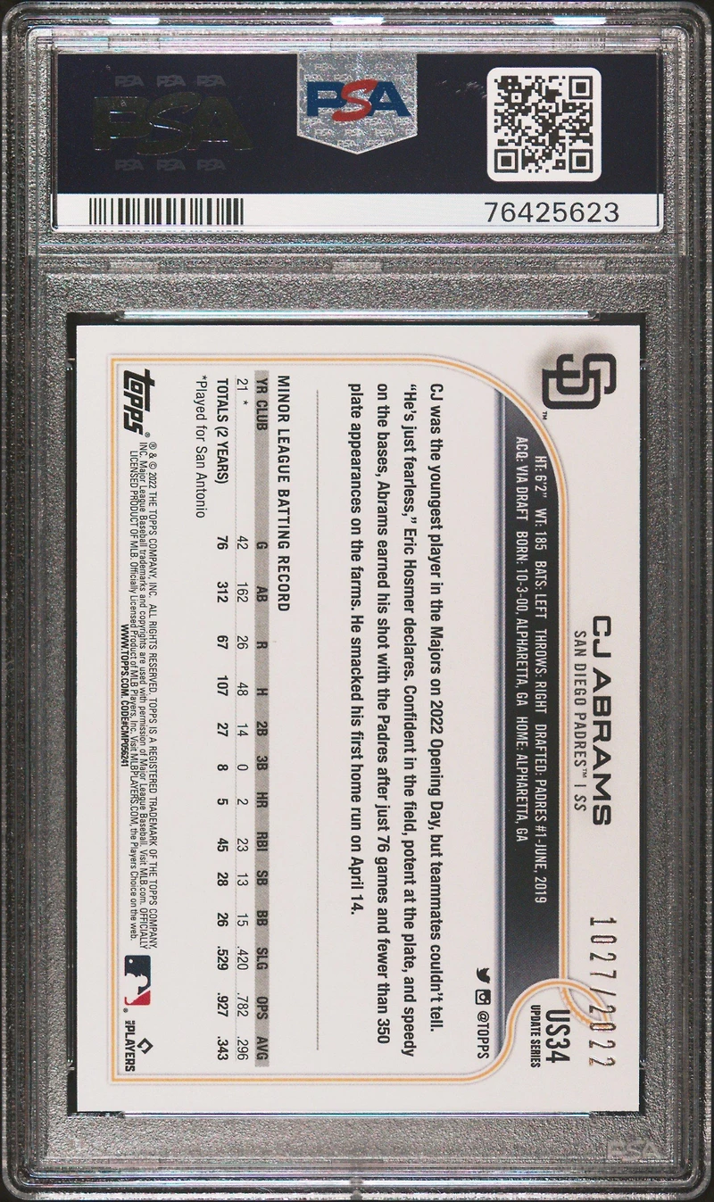 2022 Topps Update Us34 Cj Abrams Gold PSA 10