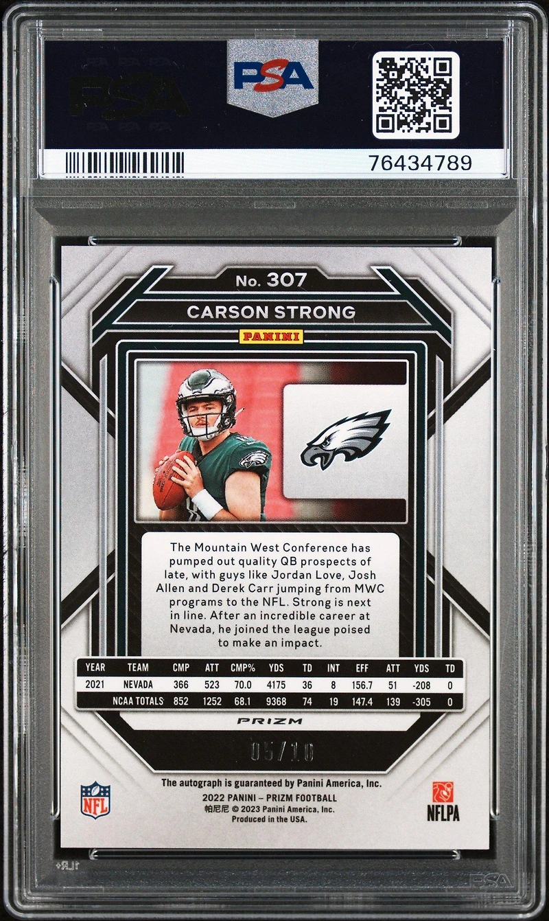 2022 Panini Prizm 307 Carson Strong Autograph-no Huddle Gold PSA 10