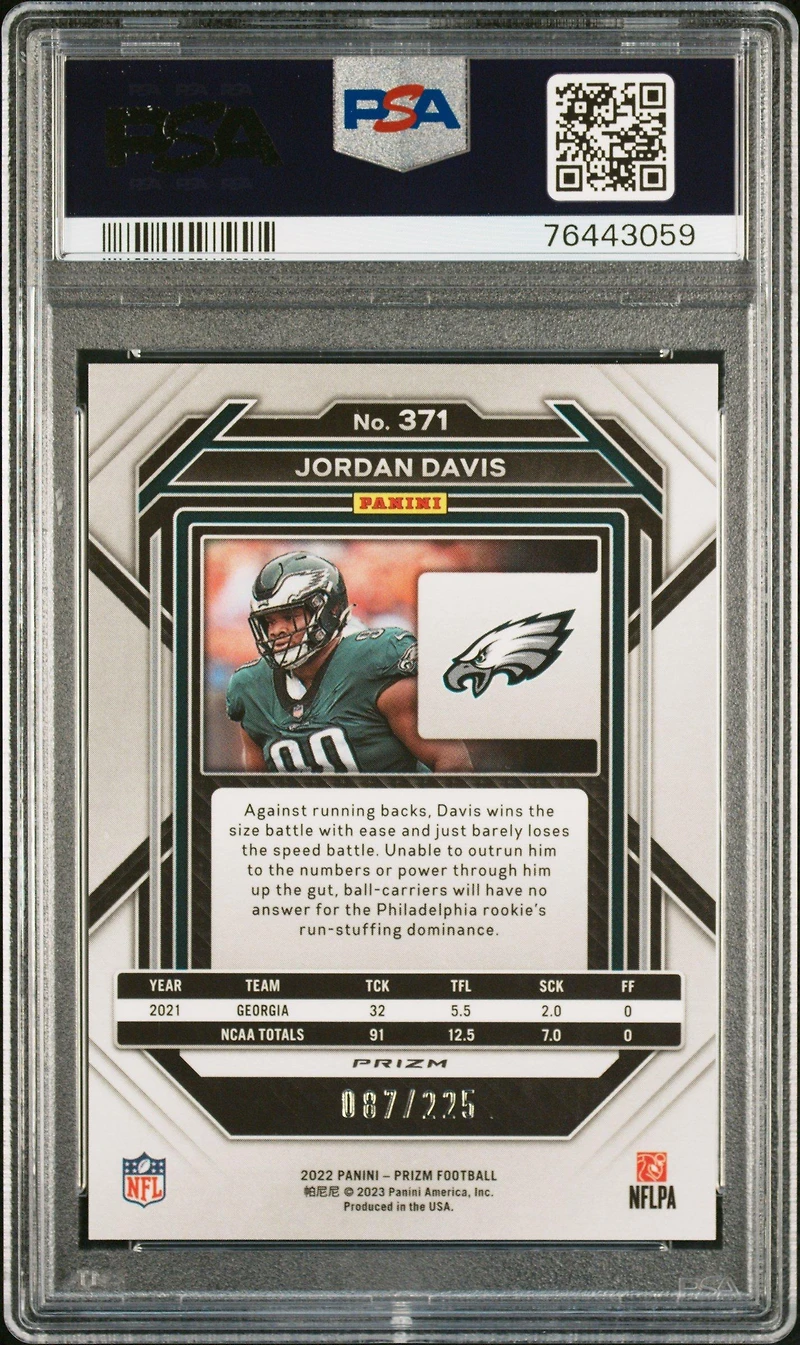 2022 Panini Prizm 371 Jordan Davis Purple Ice PSA 10