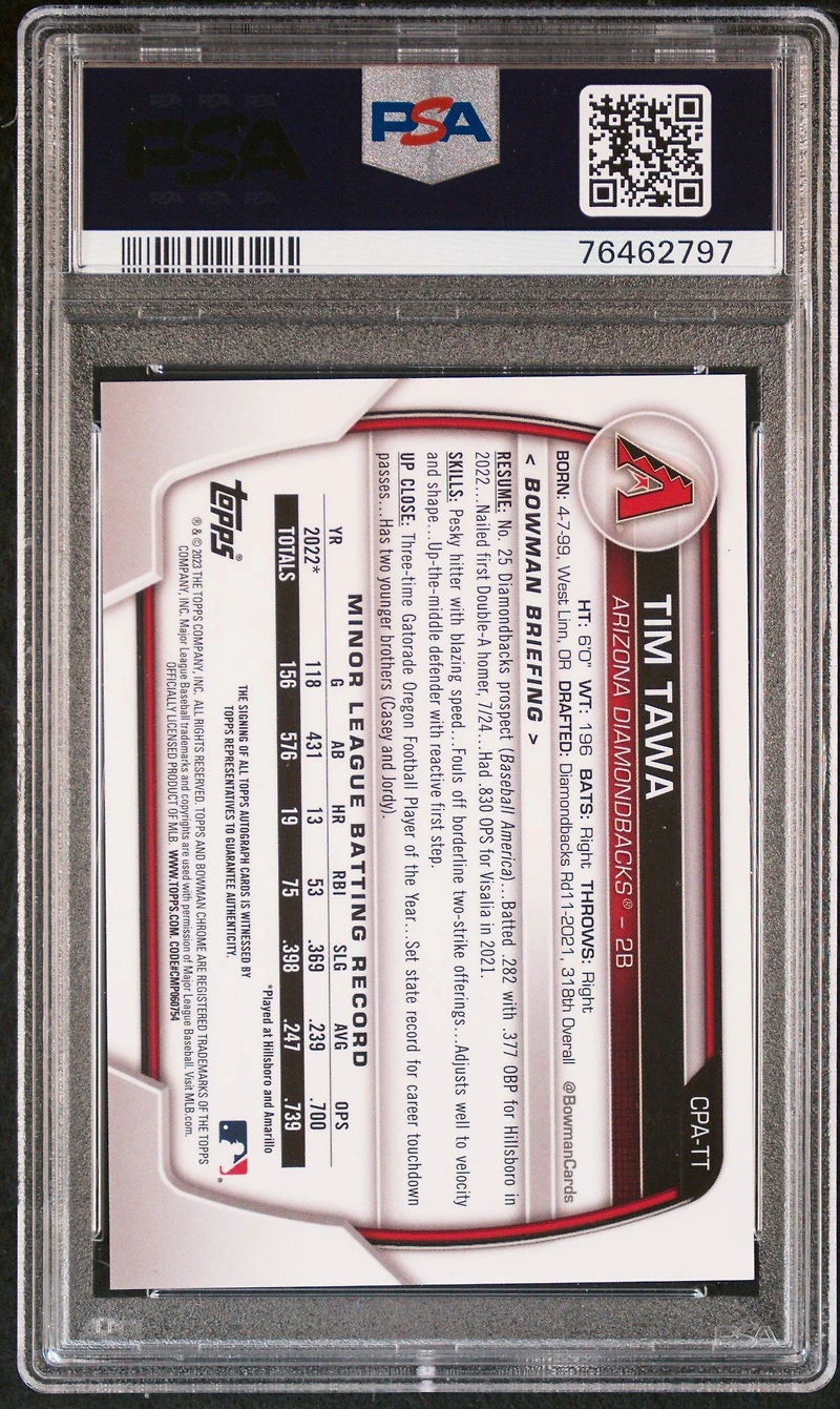 2023 Bowman Chrome Prospect Autographs Cpatt Tim Tawa Purple Refractor PSA 10