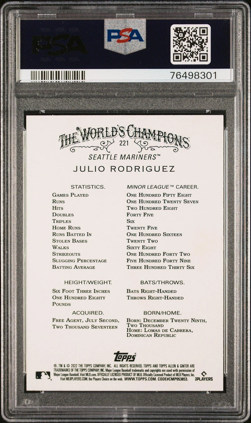 2022 Topps Allen & Ginter 221 Julio Rodriguez Silver Portrait PSA 10