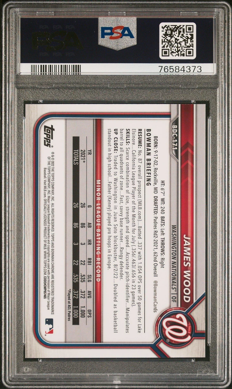 2022 Bowman Draft Chrome Sapphire Edition 171 James Wood Green PSA 10