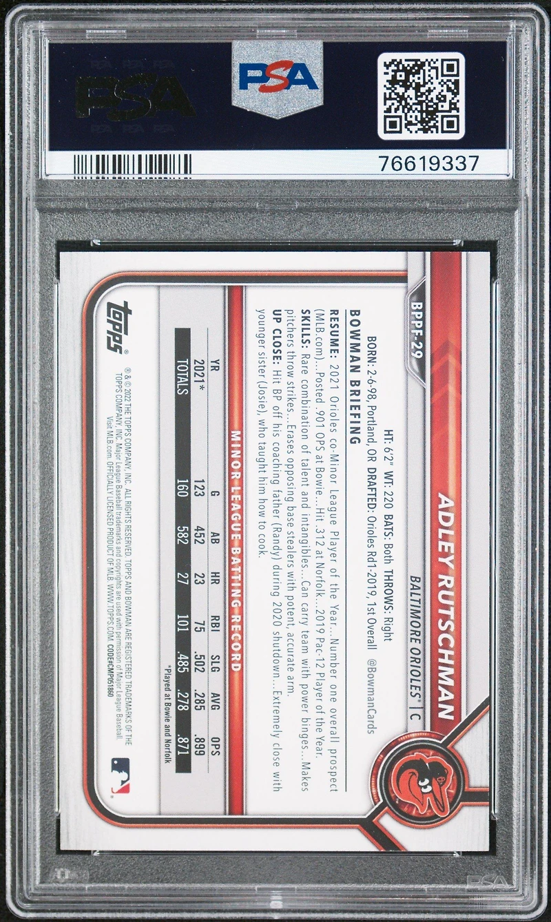 2022 Bowman 1st Edition Bppf29 Adley Rutschman Yellow Foil PSA 10