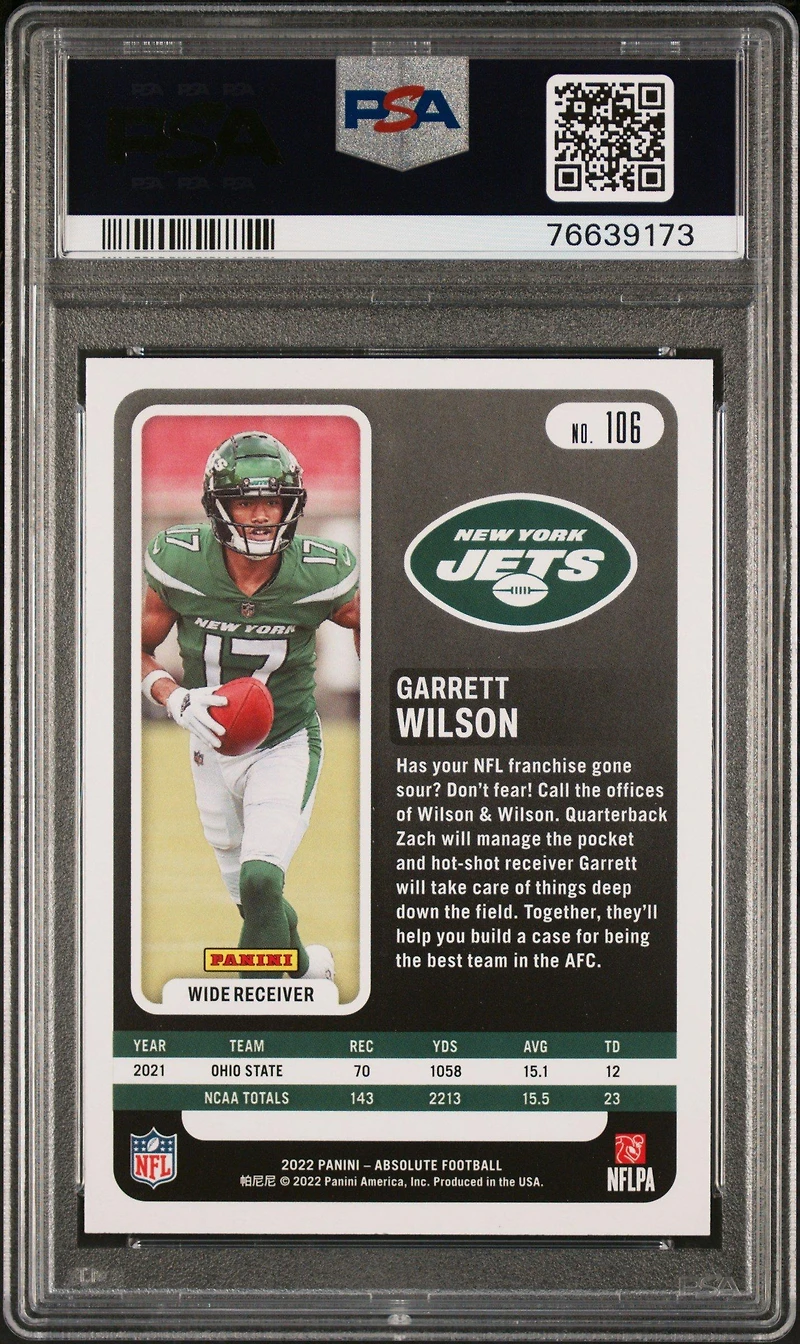 2022 Panini Absolute 106 Garrett Wilson PSA 10