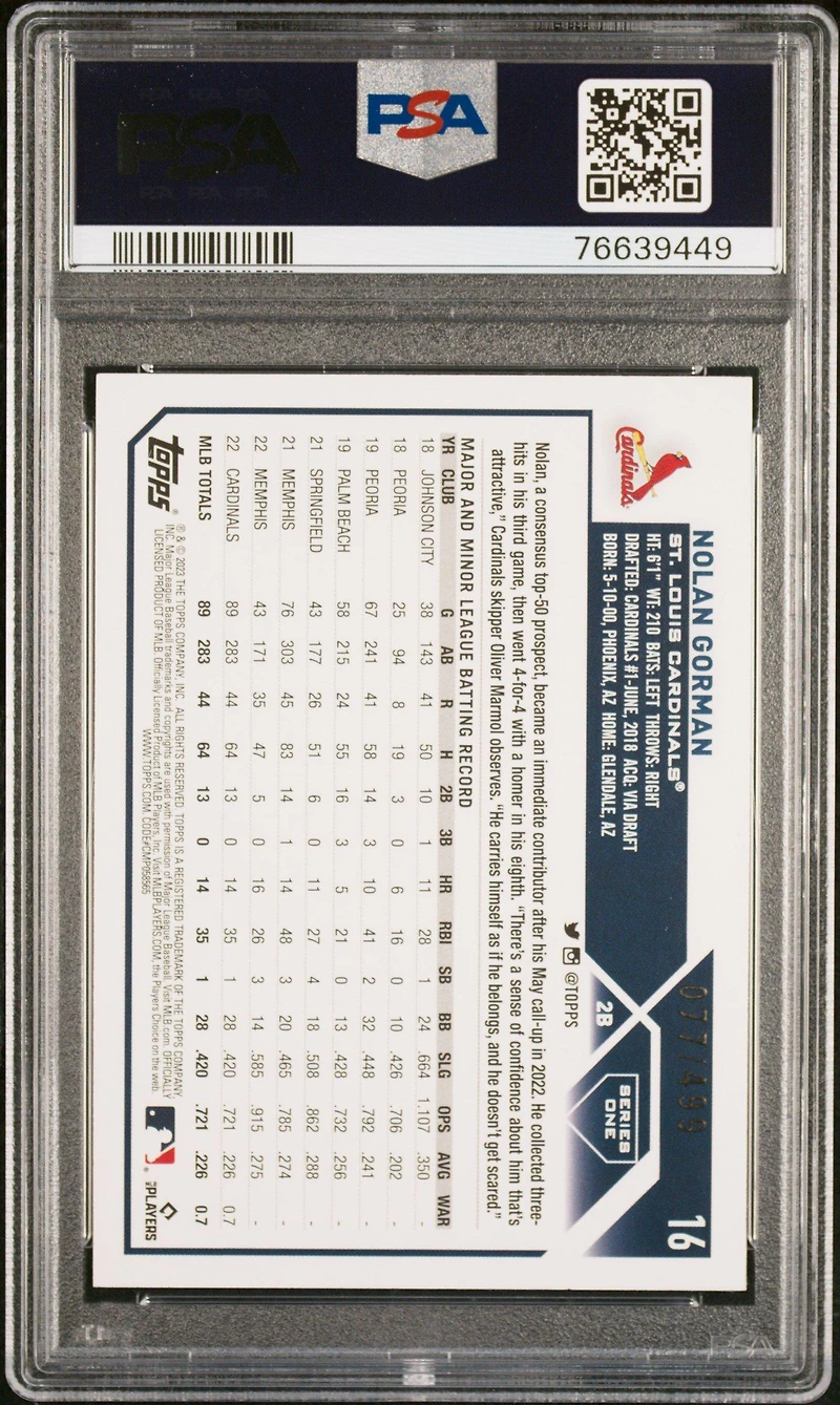 2023 Topps 16 Nolan Gorman Green Foil PSA 10