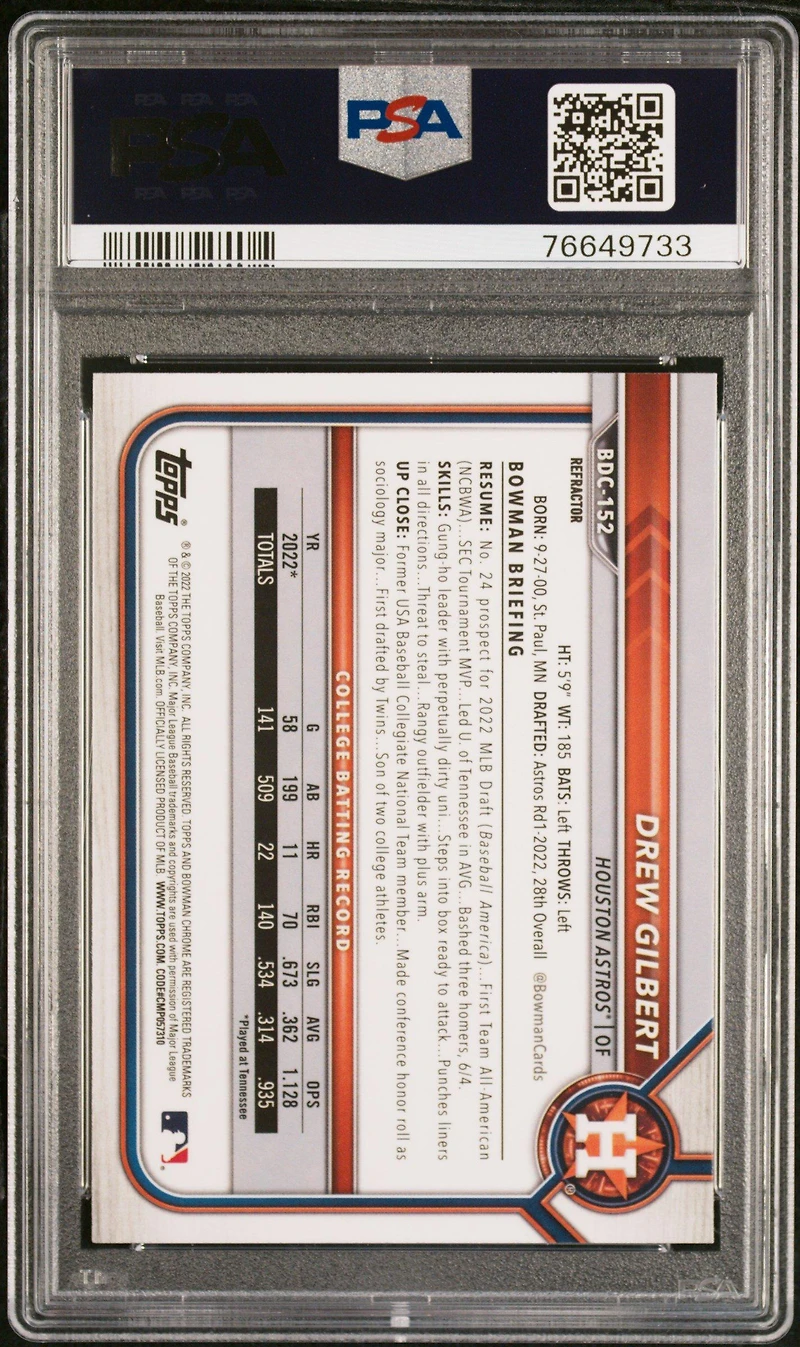 2022 Bowman Draft Bdc152 Drew Gilbert Chrome-refractor PSA 10