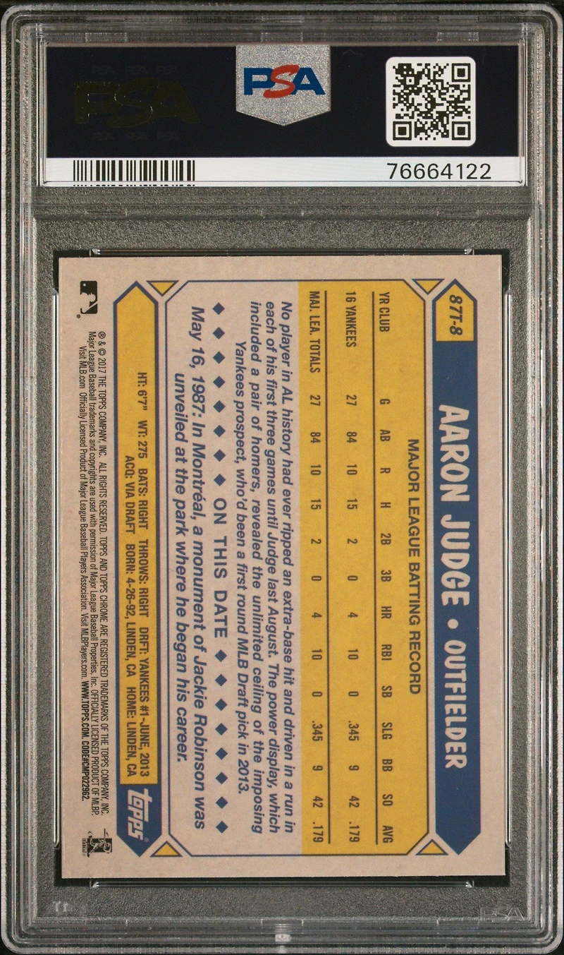 2017 Topps Chrome 1987 Topps 87t8 Aaron Judge PSA 9