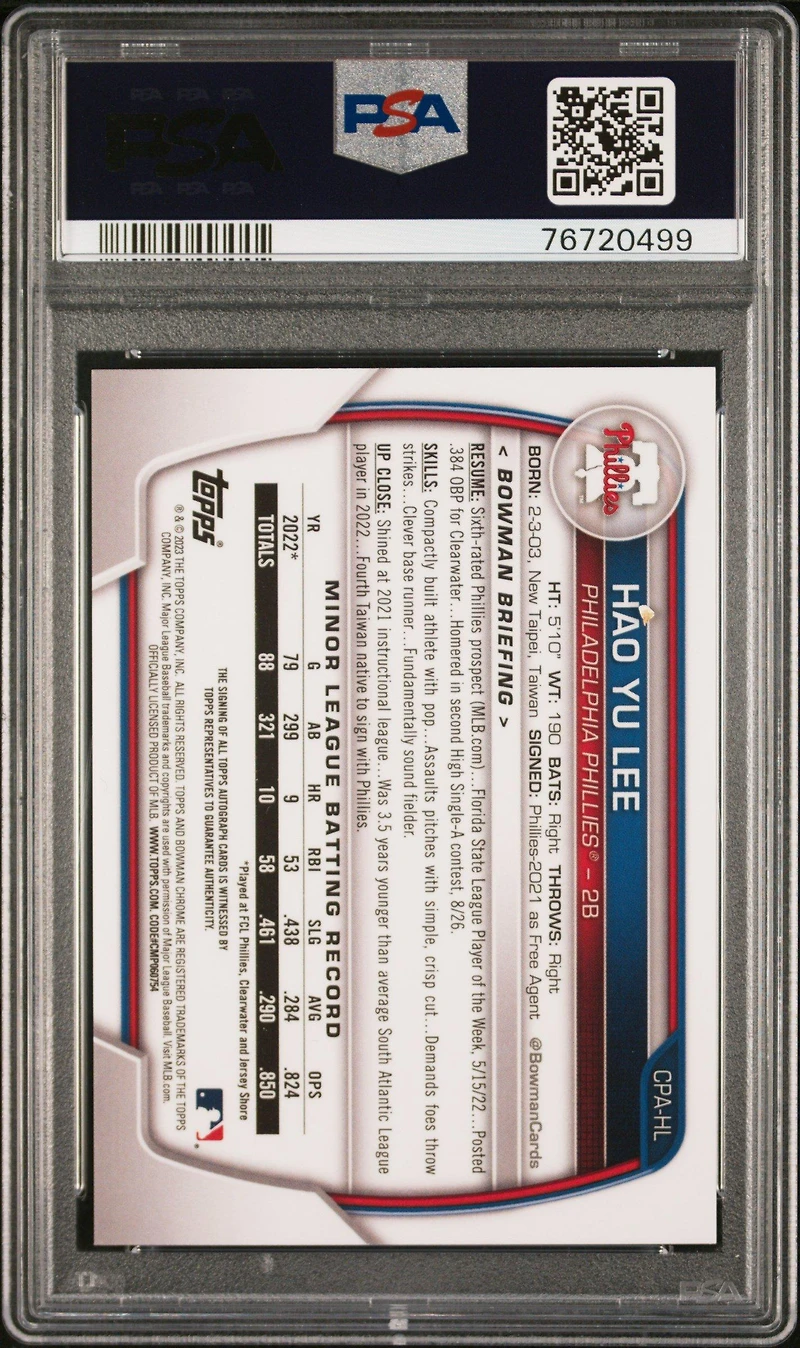 2023 Bowman Chrome Prospect Autographs Cpahl Hao Yu Lee Speckle Refractor PSA 10