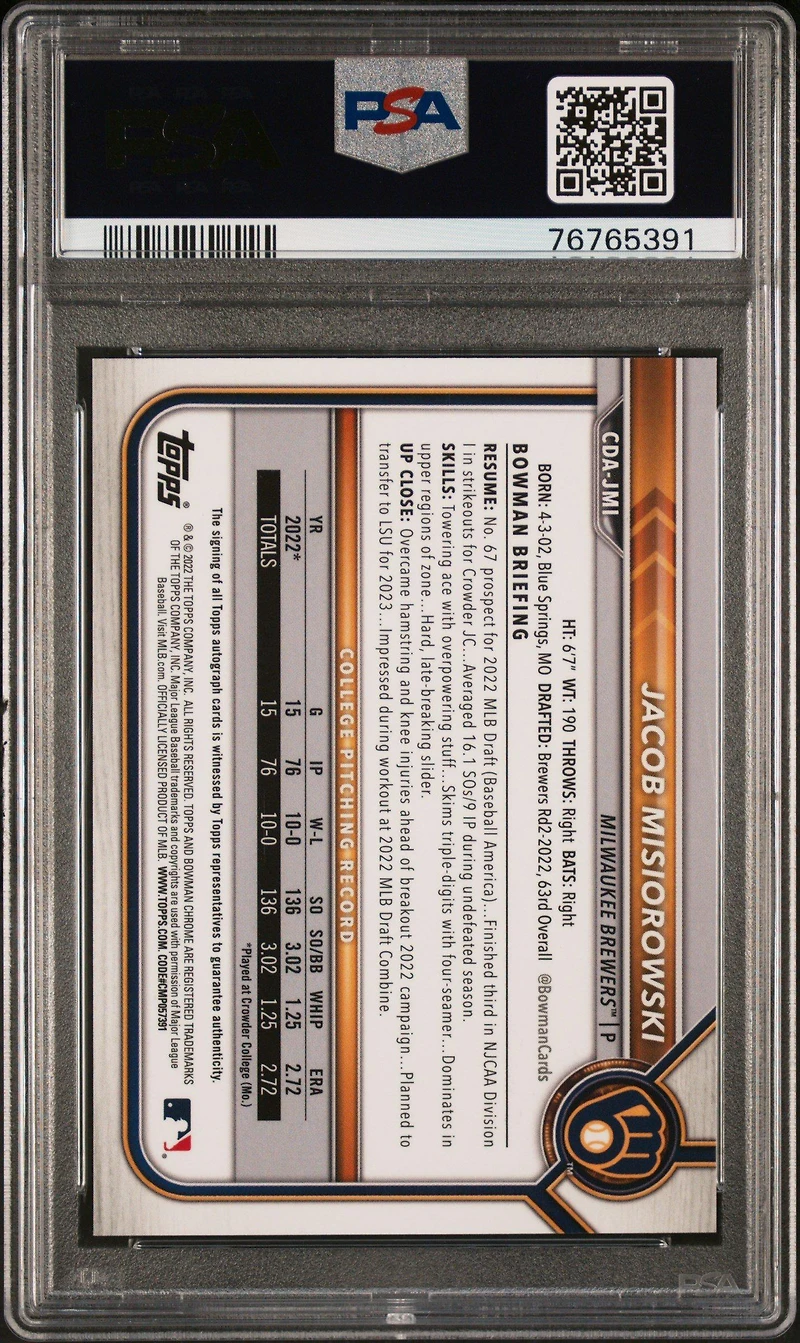 2022 Bowman Draft Chrome Draft Pick Autographs Cdajmi Jacob Misiorowski Aqua Lava Refractor PSA 10