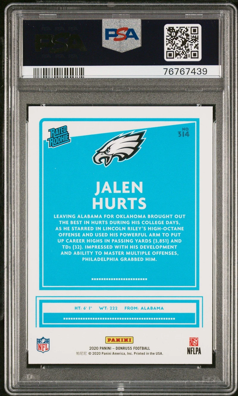 2020 Panini Donruss 314 Jalen Hurts Blue Press Proof PSA 9