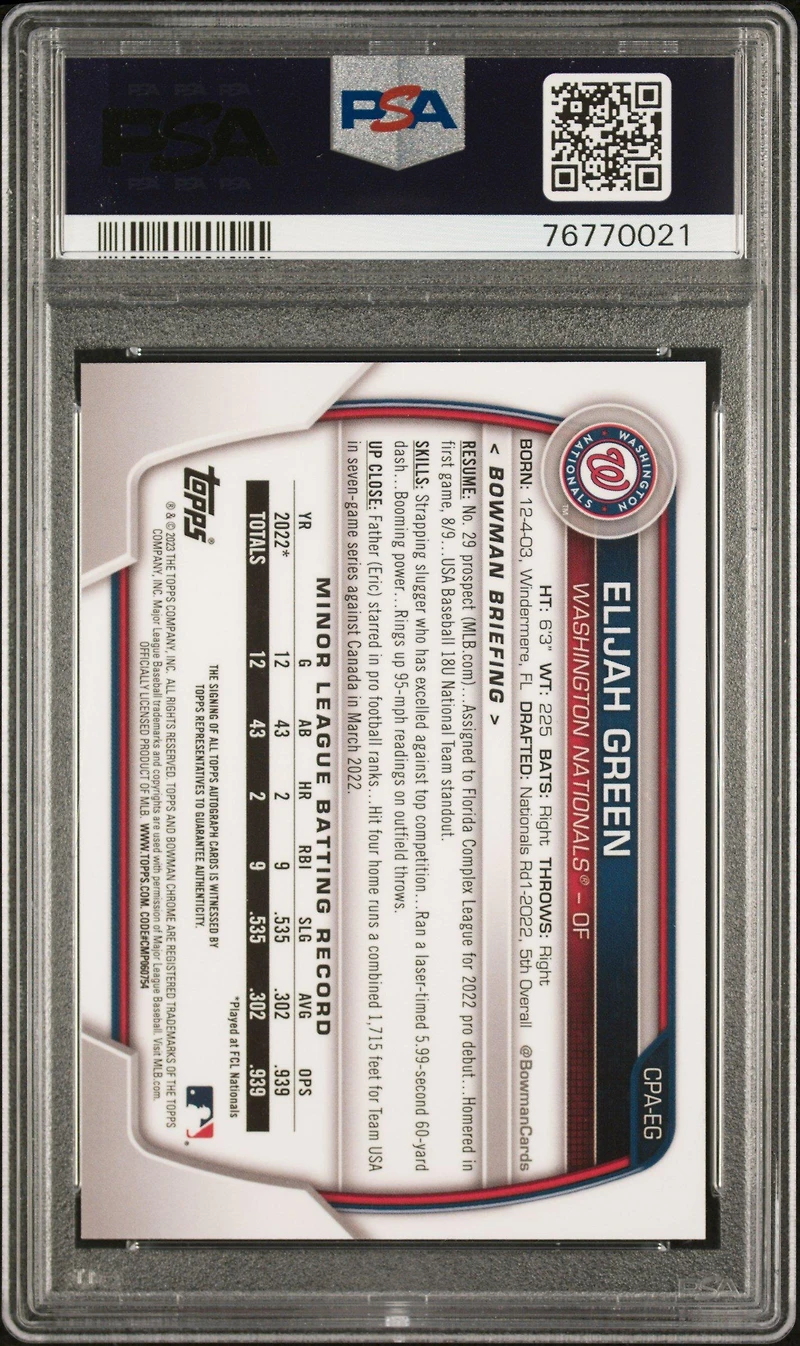 2023 Bowman Chrome Prospect Autographs Cpaeg Elijah Green PSA 10