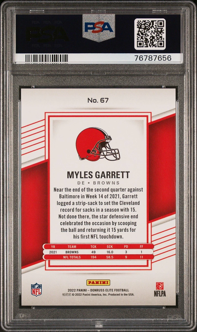 2022 Panini Donruss Elite 67 Myles Garrett Purple PSA 10