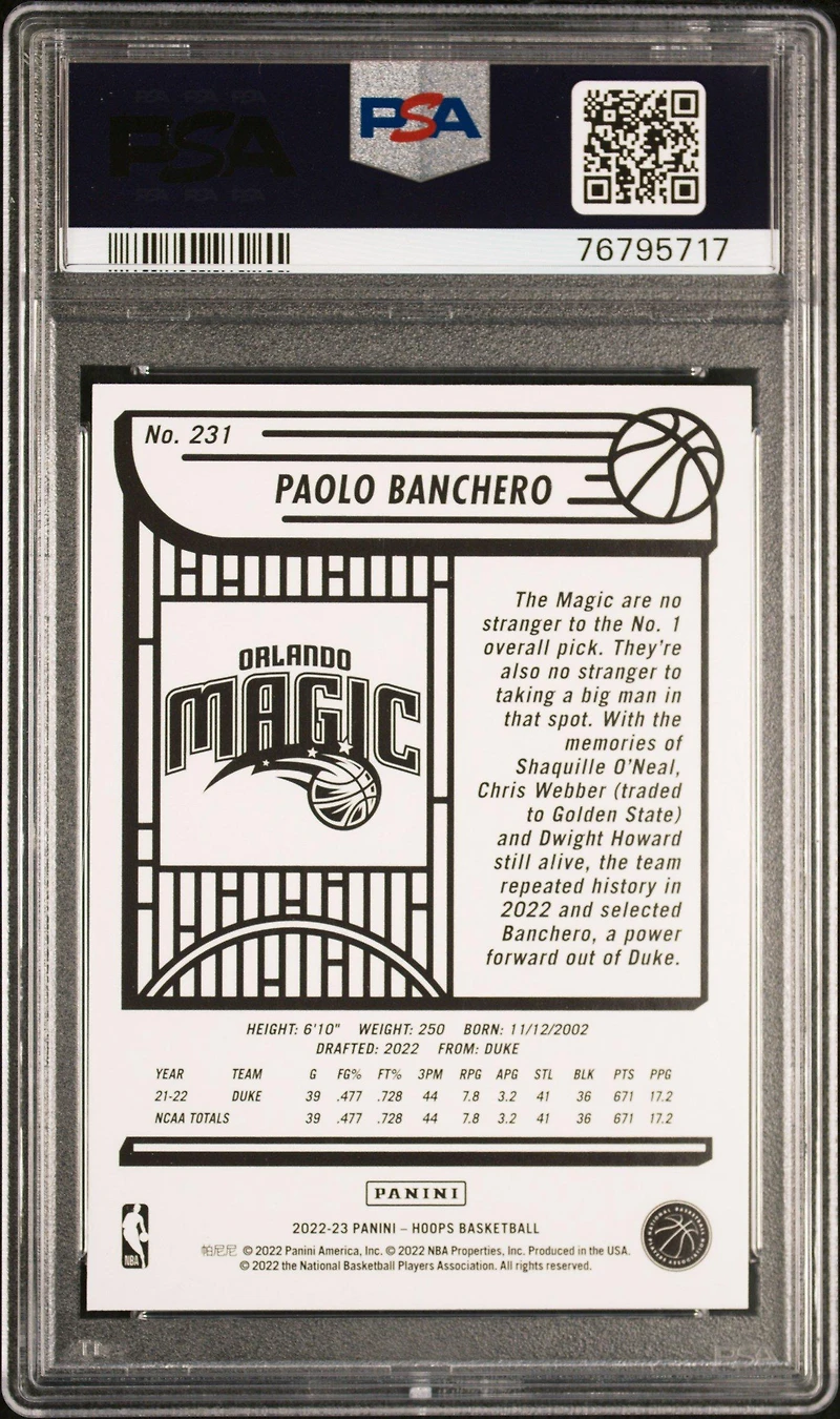 2022 Panini Nba Hoops 231 Paolo Banchero PSA 10