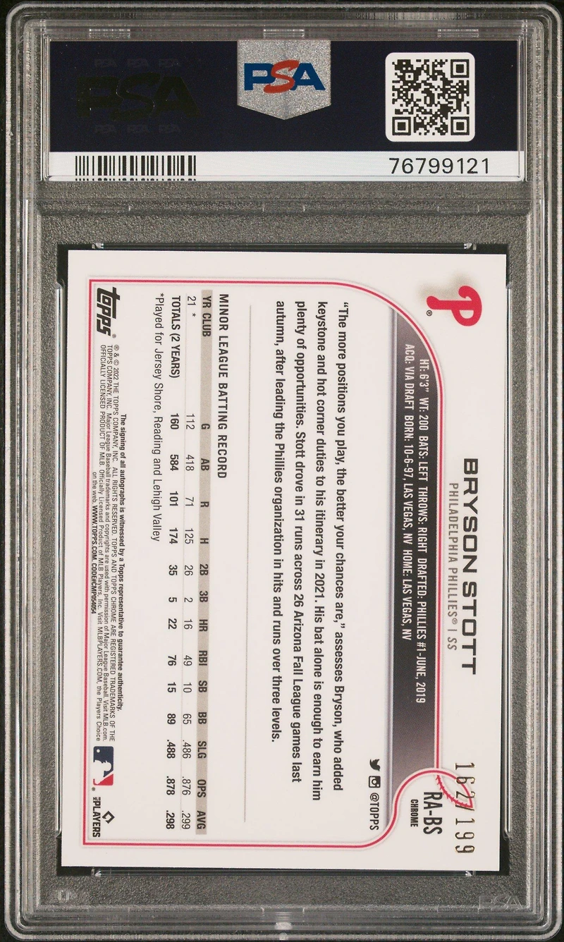 2022 Topps Chrome Rookie Autographs Rabs Bryson Stott Aqua Wave Refractor PSA 9