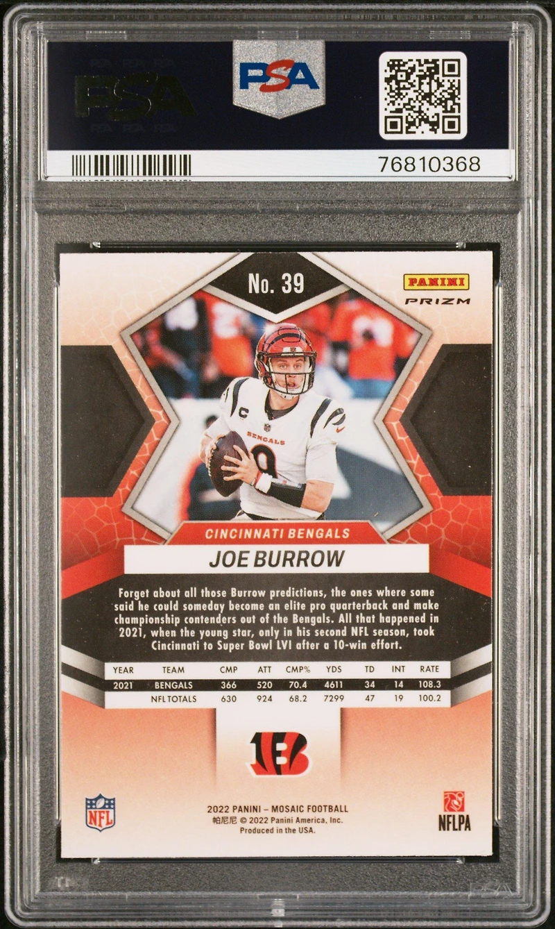 2022 Panini Mosaic 39 Joe Burrow Red Sparkle PSA 10