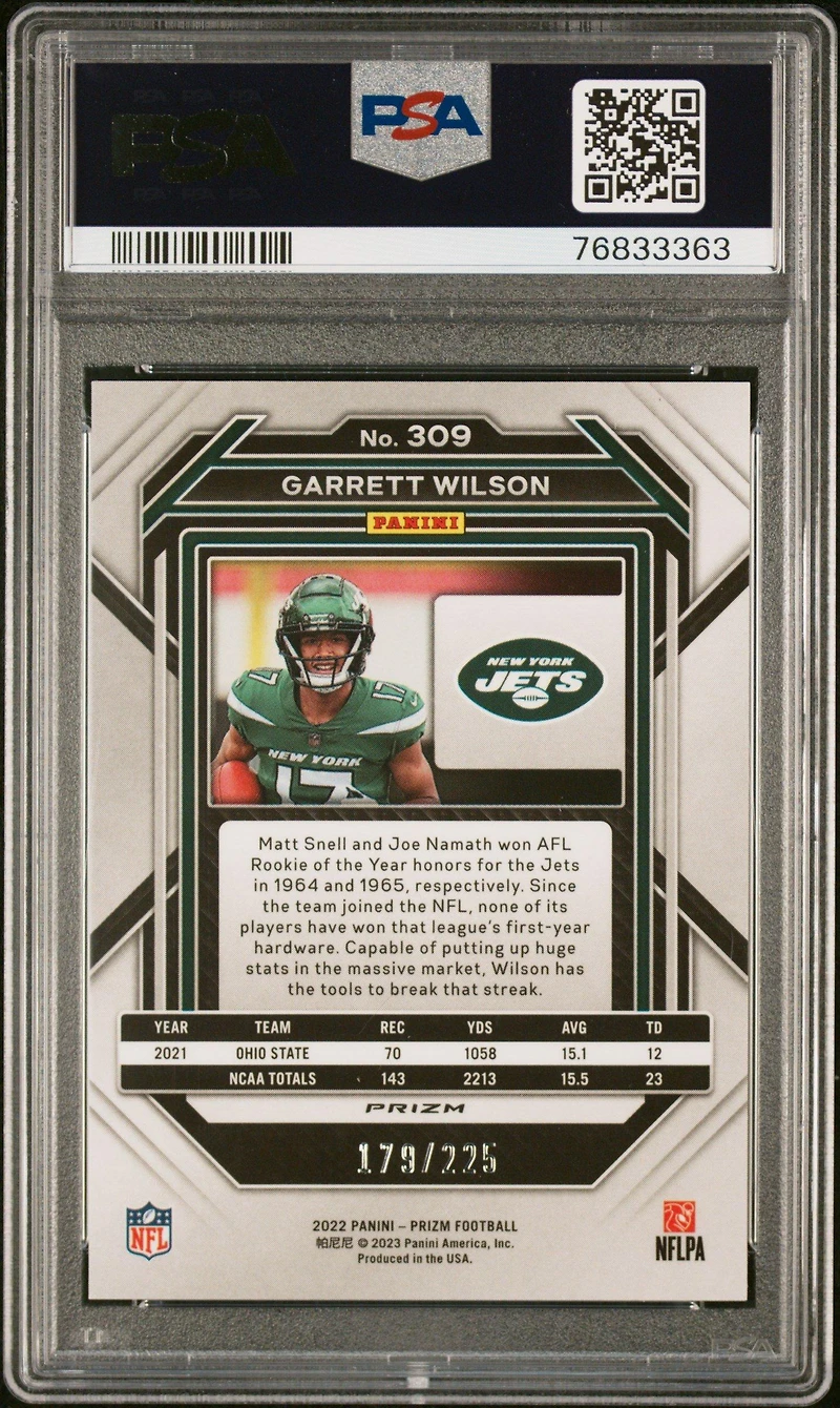 2022 Panini Prizm 309 Garrett Wilson Purple Ice PSA 10