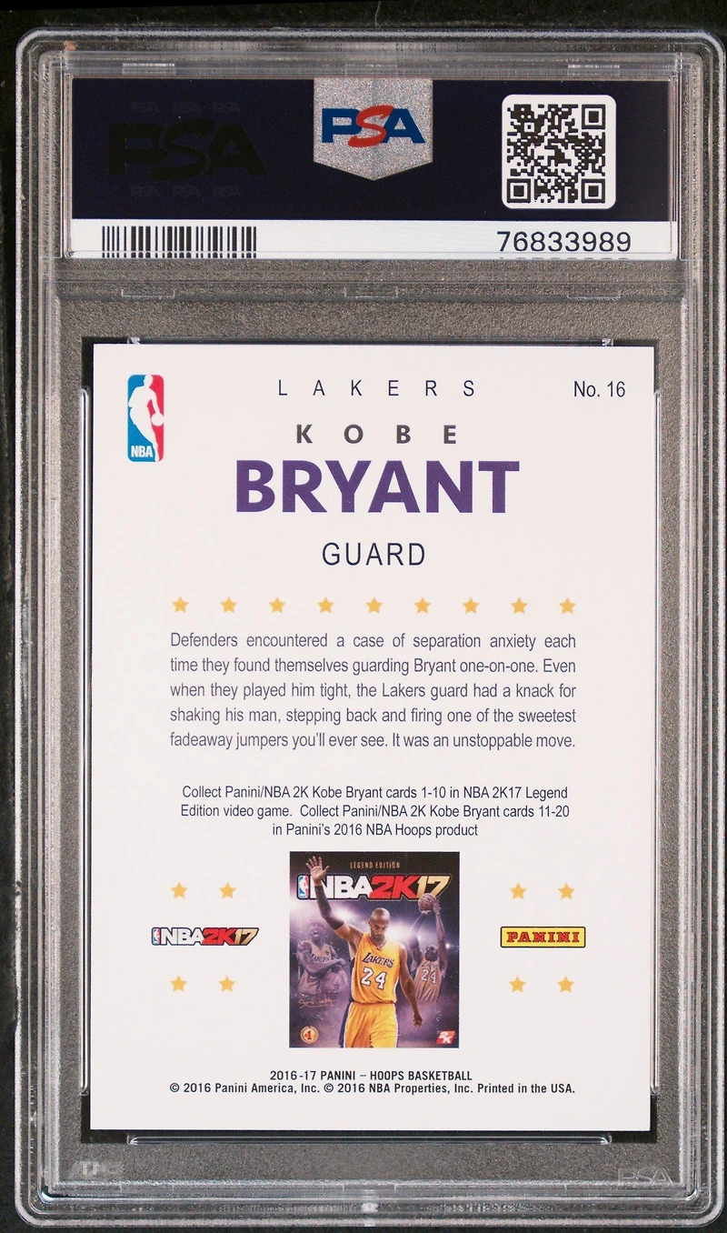 2016 Panini Hoops Kobe 2k17 Hoops 16 Kobe Bryant PSA 10