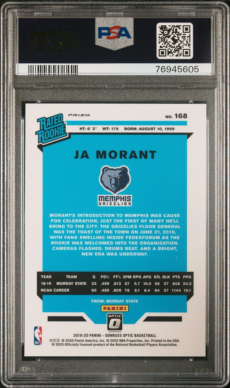 2019 Panini Donruss Optic 168 Ja Morant Fanatics-green Wave PSA 10