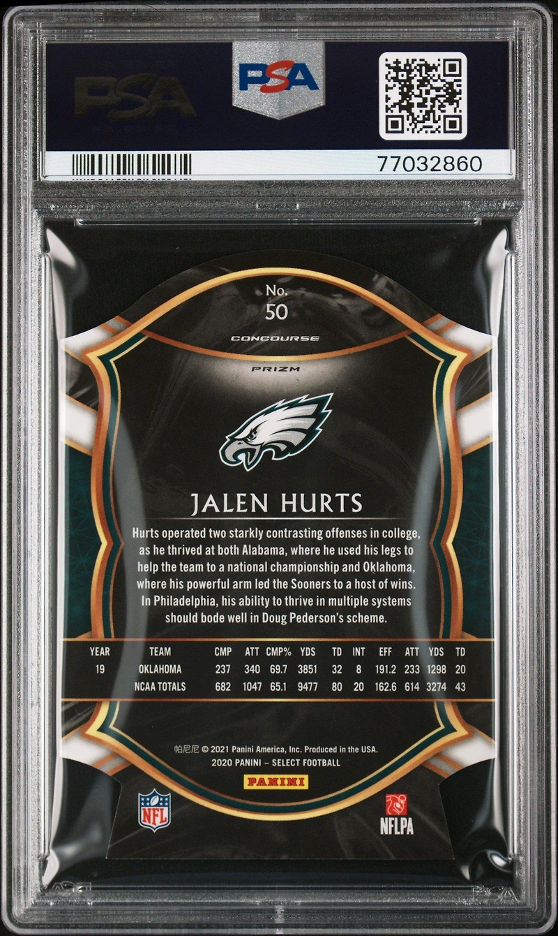 2020 Panini Select 50 Jalen Hurts Die-cut Orange Prizm PSA 9