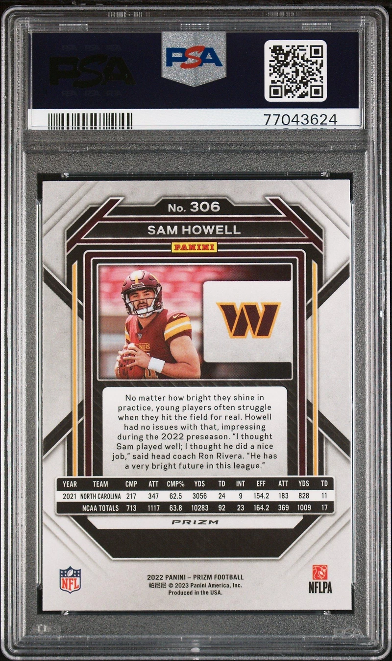 2022 Panini Prizm 306 Sam Howell Silver Prizm PSA 10