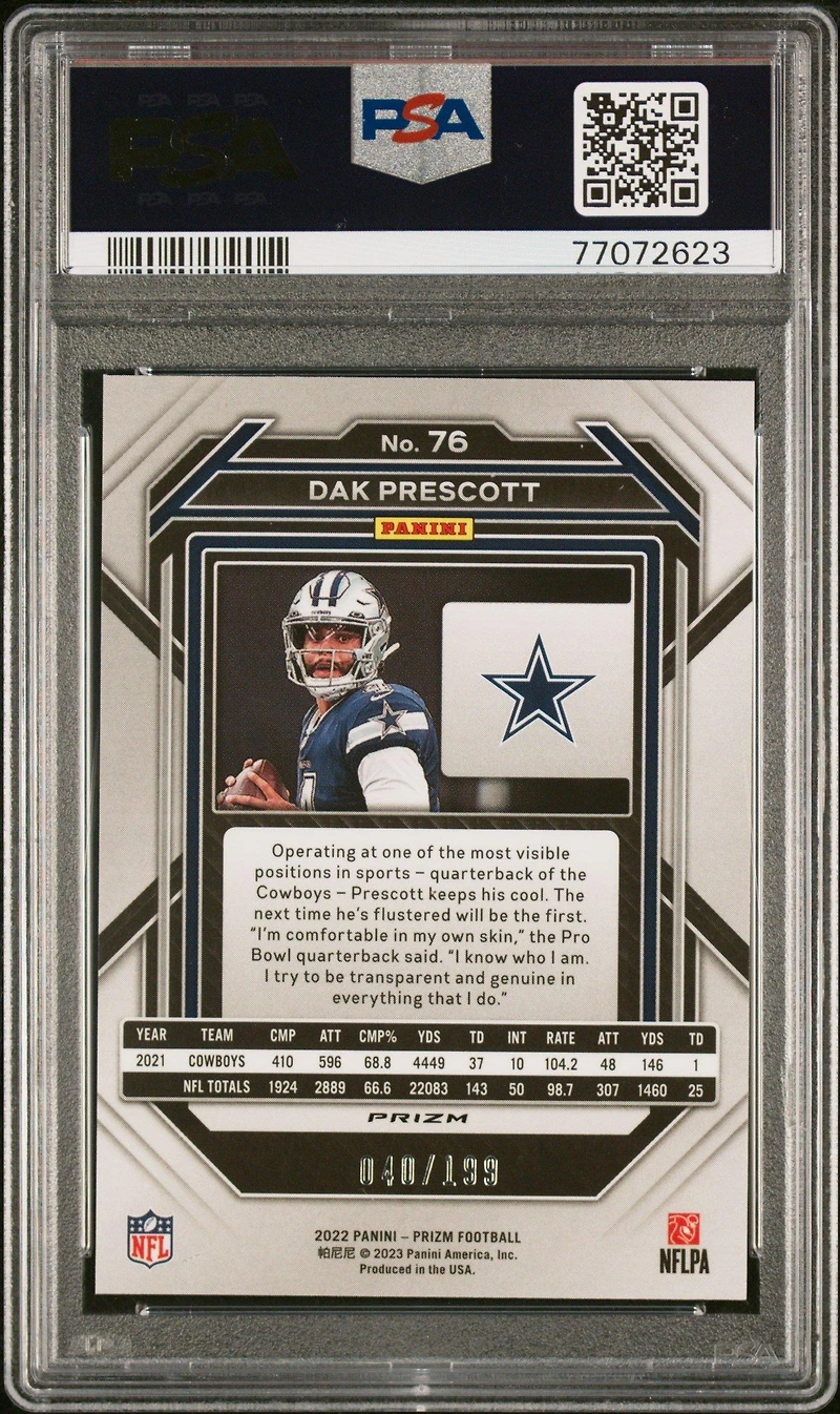 2022 Panini Prizm 76 Dak Prescott Blue Wave PSA 10