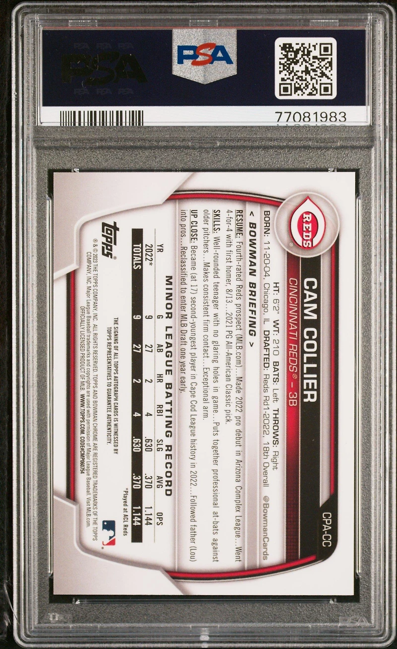 2023 Bowman Chrome Prospect Autographs Cpacc Cam Collier PSA 10