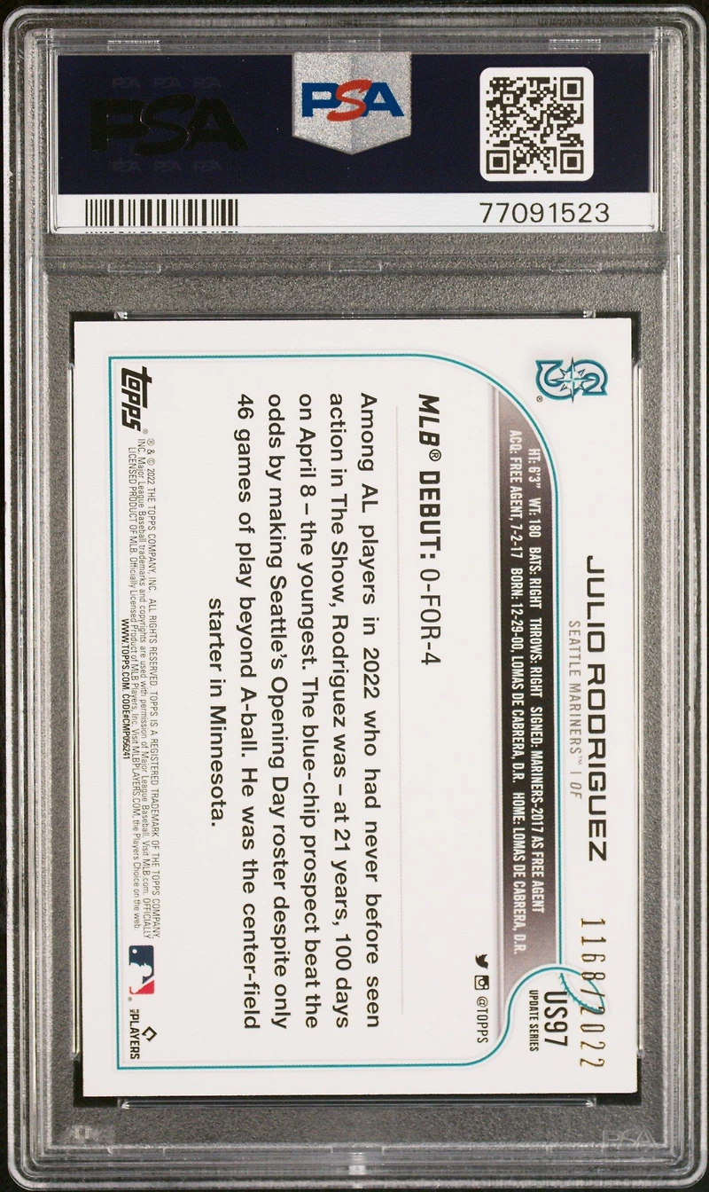 2022 Topps Update Us97 Julio Rodriguez Gold PSA 9