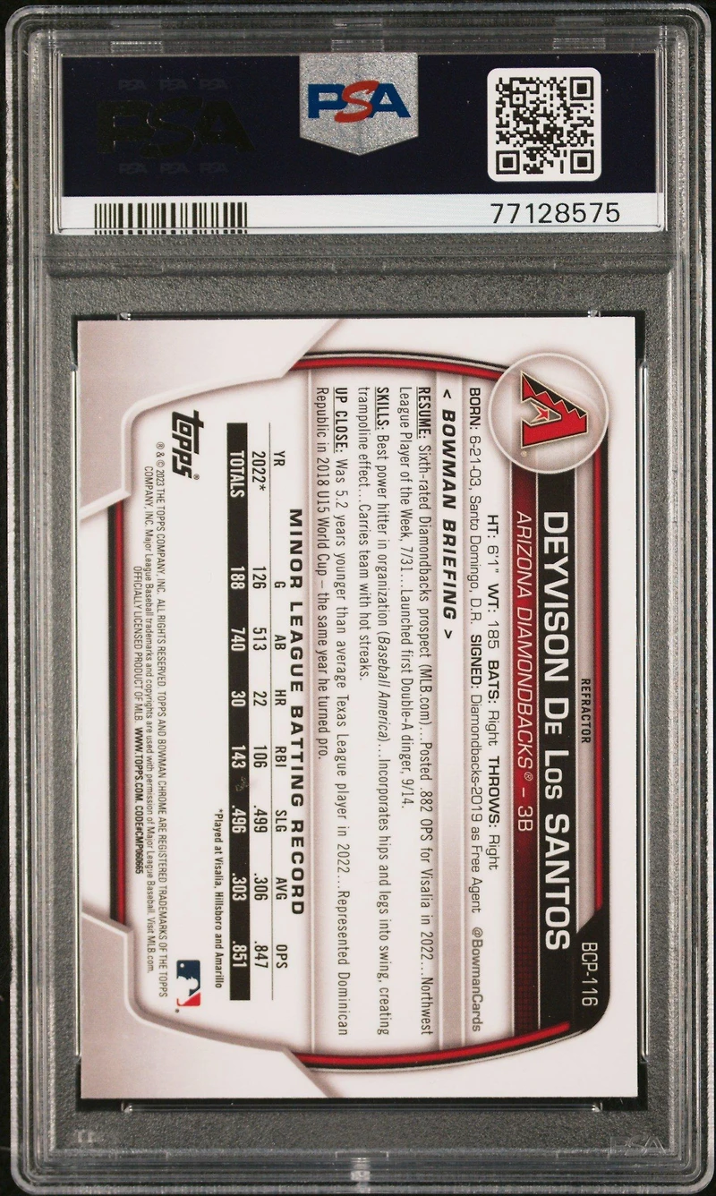 2023 Bowman Chrome Prospects Bcp116 Deyvison De Los Santos Lunar Glow Refractor PSA 10
