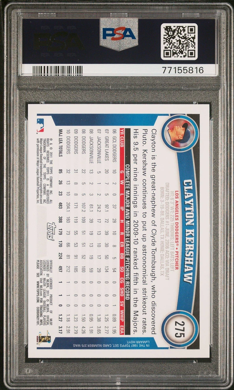 2011 Topps 275 Clayton Kershaw PSA 10