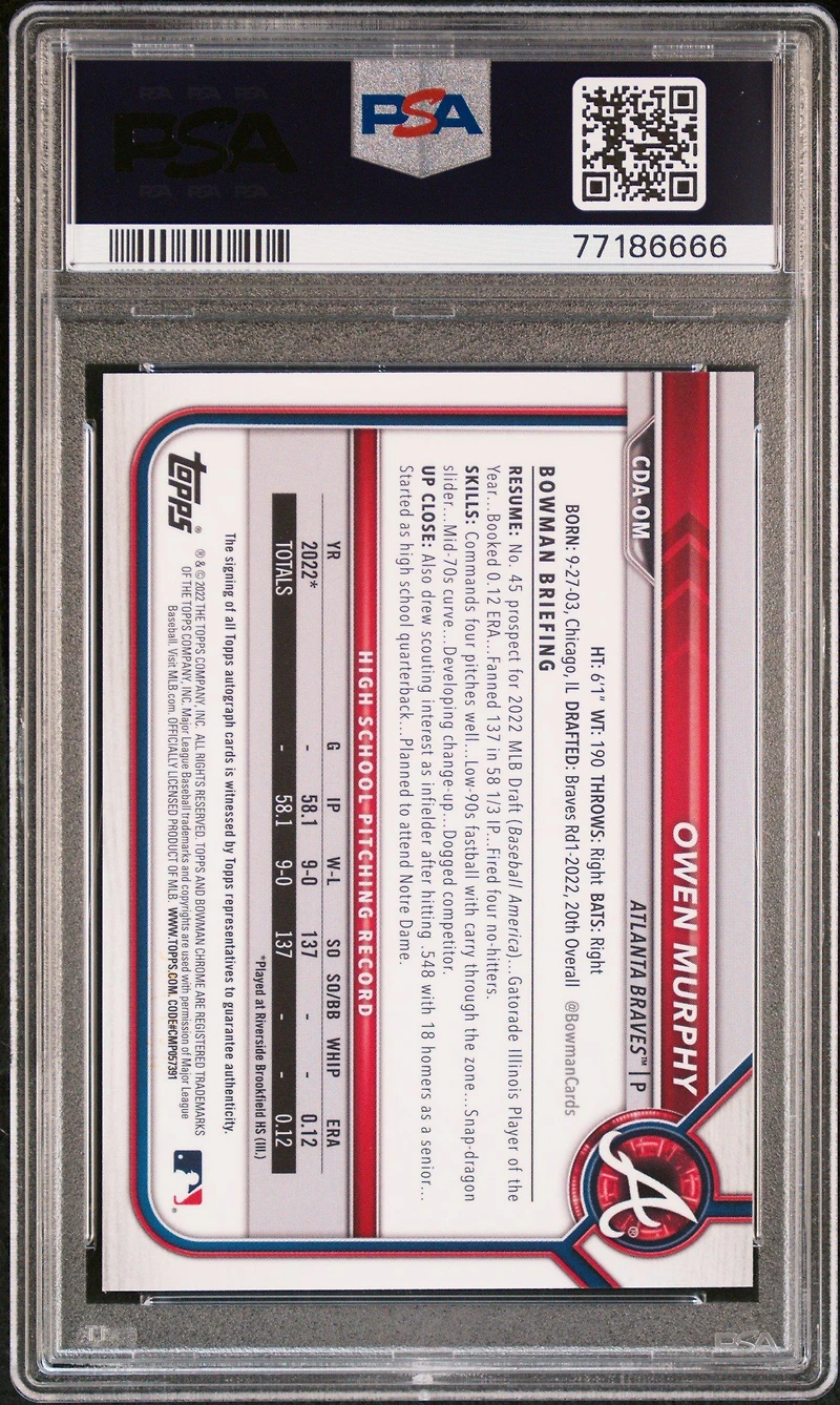 2022 Bowman Draft Chrome Draft Pick Autographs Cdaom Owen Murphy Purple Refractor PSA 9