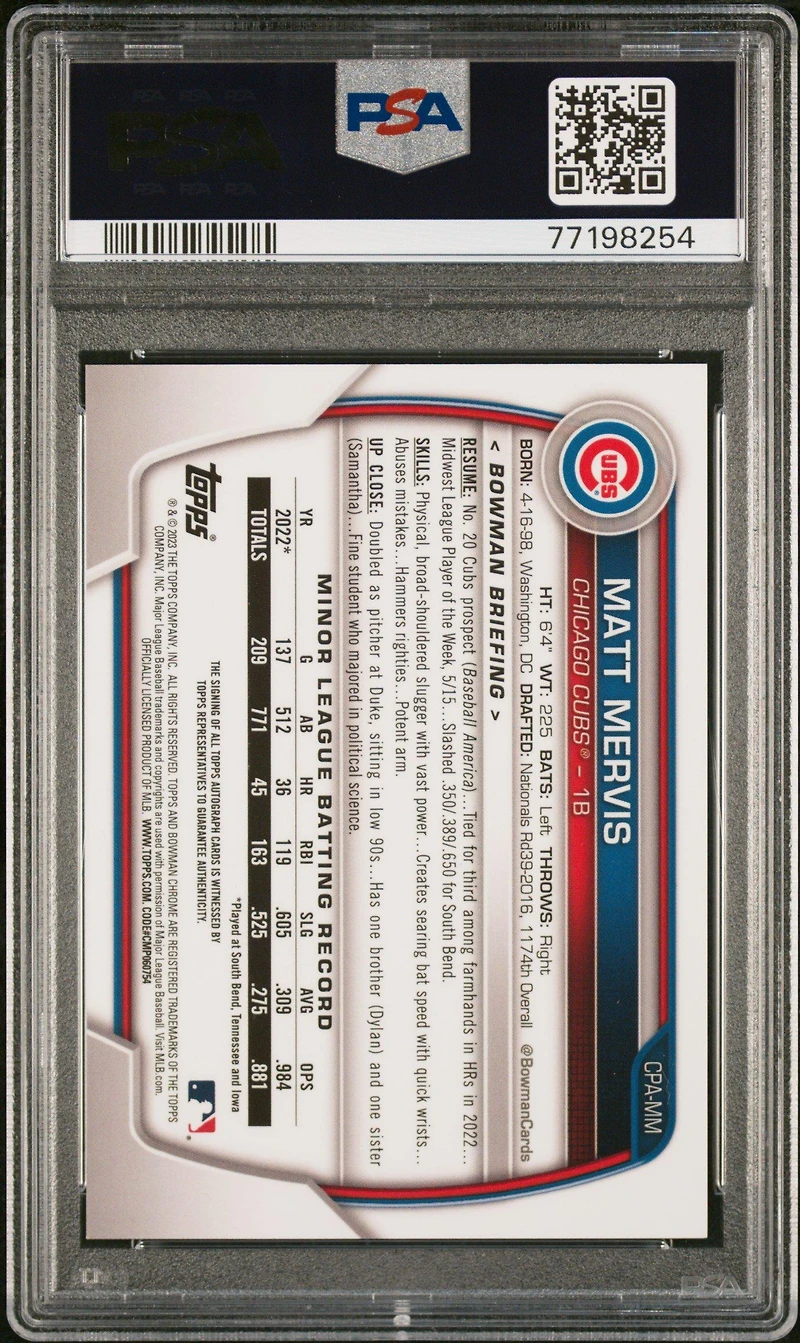 2023 Bowman Chrome Prospect Autographs Cpamm Matt Mervis Green Refractor PSA 9