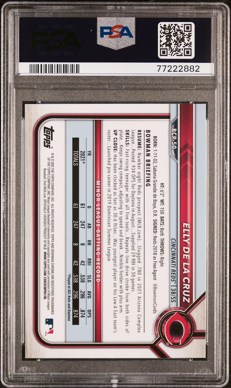 2022 Bowman Chrome Prospects Bcp50 Elly De La Cruz Aqua Shimmer Refractor PSA 9