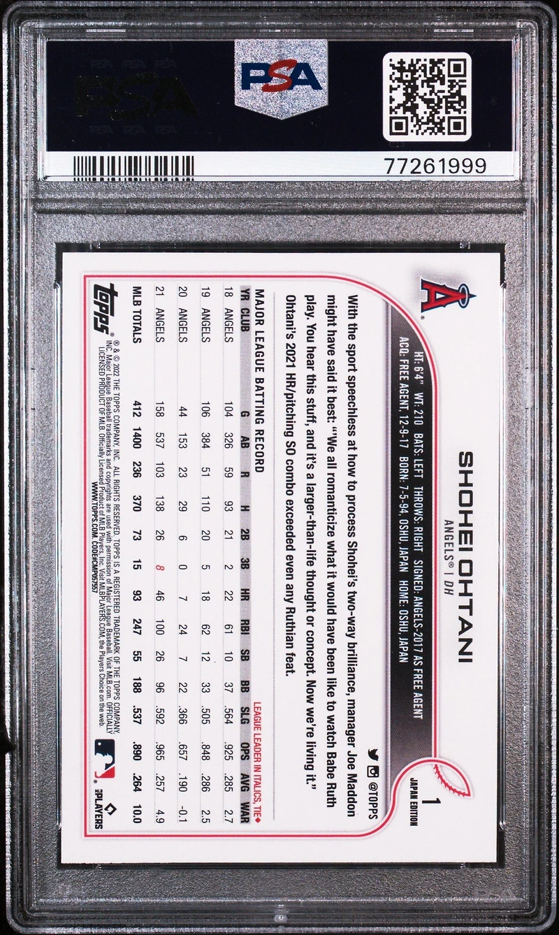 2022 Topps Japan Edition 1 Shohei Ohtani PSA 10